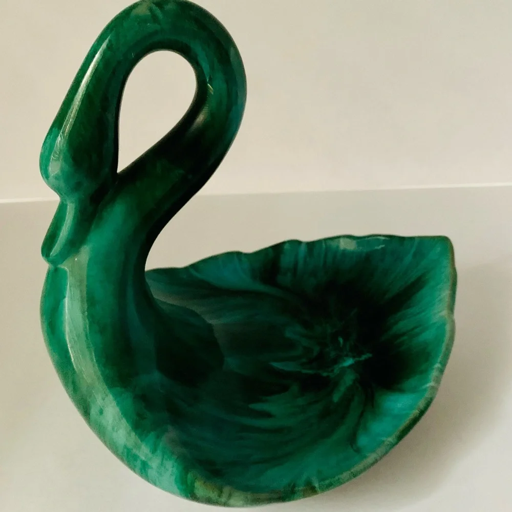 Vintage Blue ? Mountain Pottery Canada Swan Trinket Dish Redware Green Blue MCM